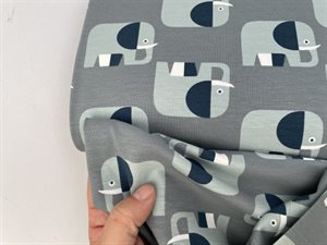 Bomuldsjersey - søde elefanter i gråblå toner
